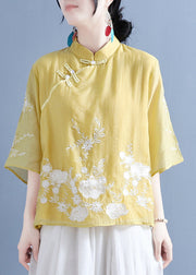 Chinese Style Purple Stand Collar Embroideried Button Silk Linen Shirt Bracelet Sleeve