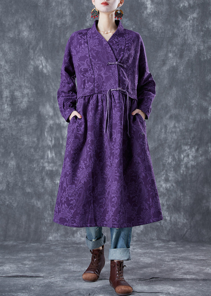 Chinese Style Purple Stand Collar Jacquard Linen Maxi Dresses Spring