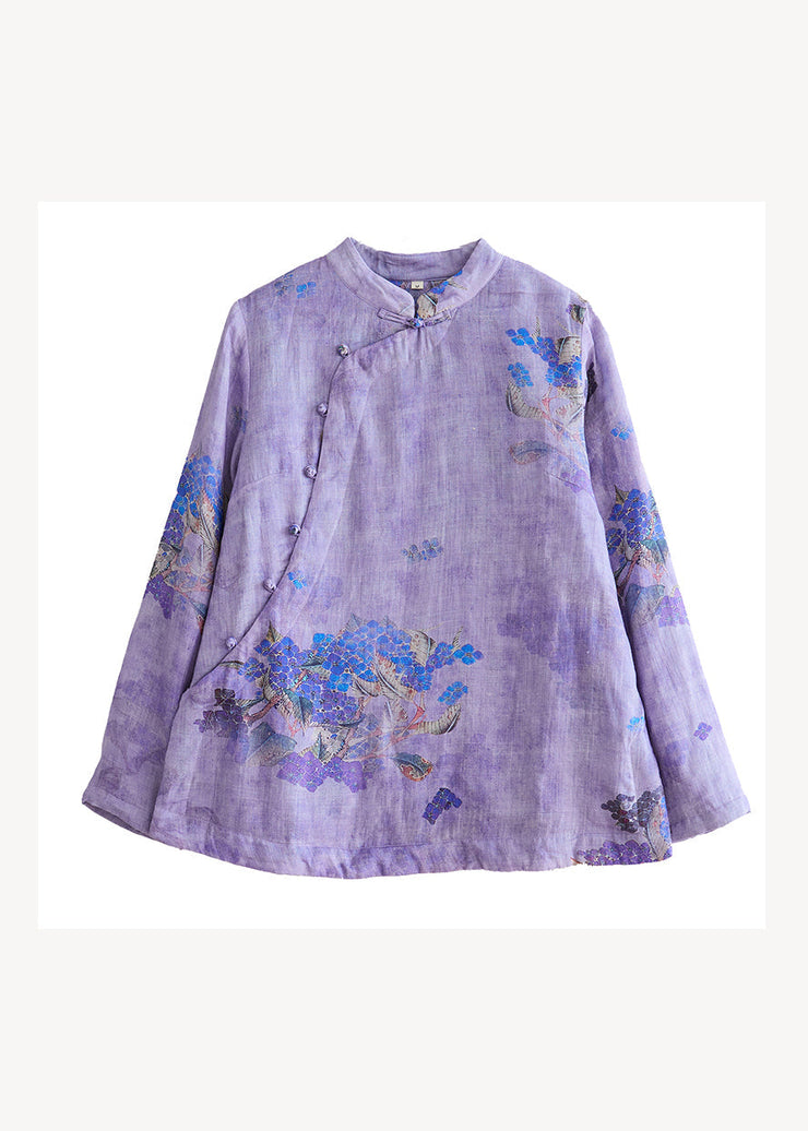 Chinese Style Purple Stand Collar Print Warm Fleece Top Winter