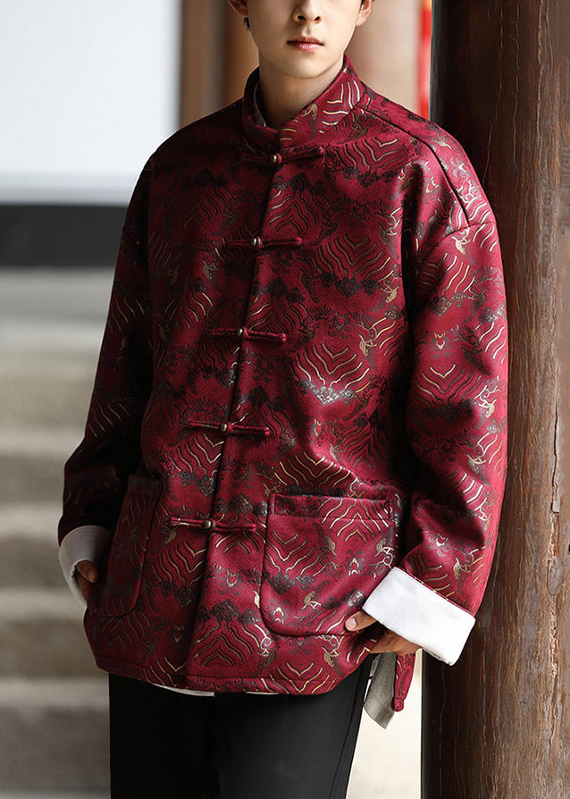 Chinese Style Red Button Pockets Silk Mens Coat Fall