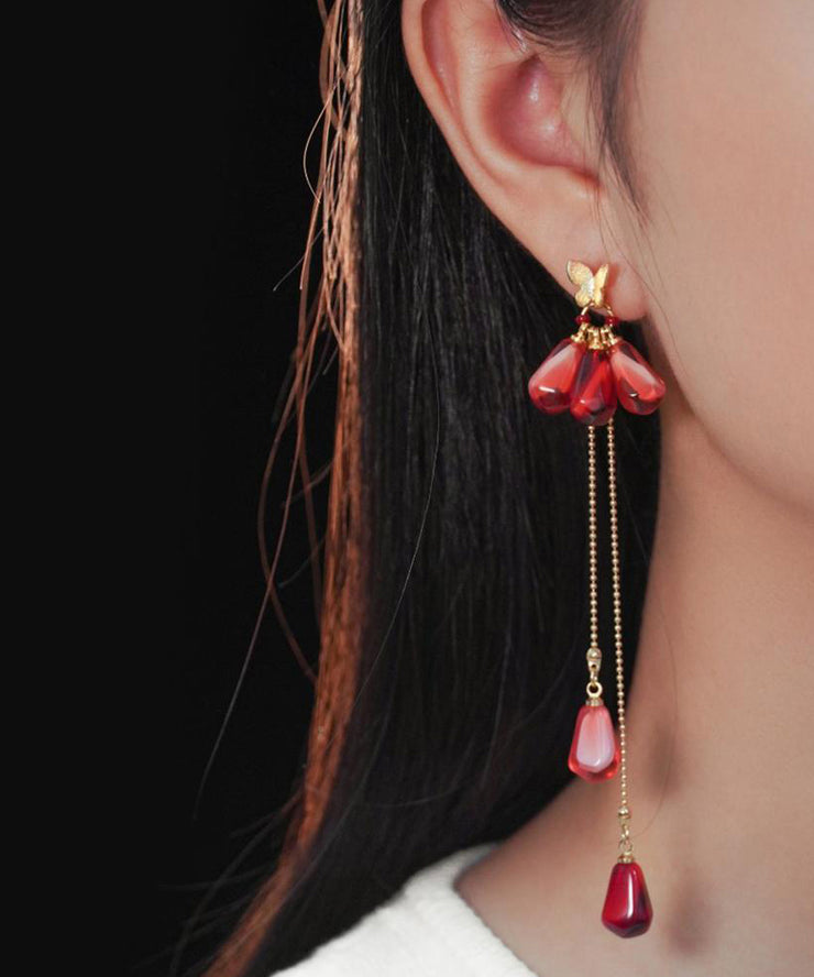 Chinese Style Red Copper Overgild Resin Glass Beads Tassel Drop Earrings