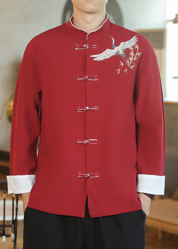 Chinese Style Red Embroideried Button Cotton Shirt Men Fall