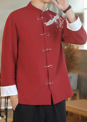 Chinese Style Red Embroideried Button Cotton Shirt Men Fall