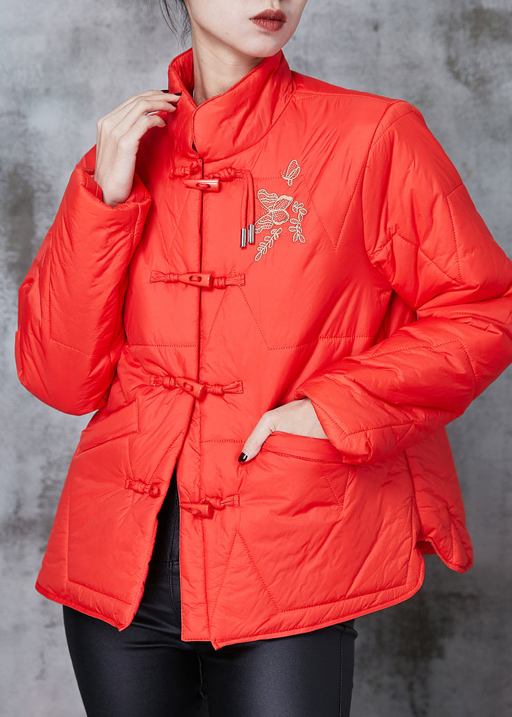 Chinese Style Red Embroideried Oriental Duck Down Puffer Coat Spring