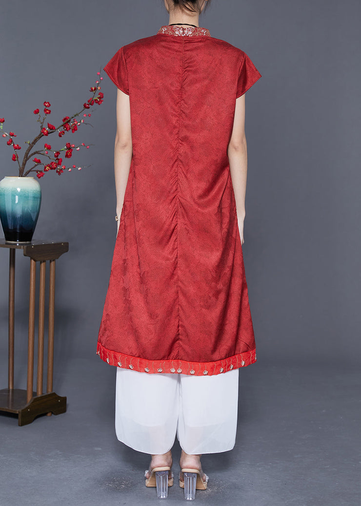 Chinese Style Red Embroideried Patchwork Silk Long Dress Summer