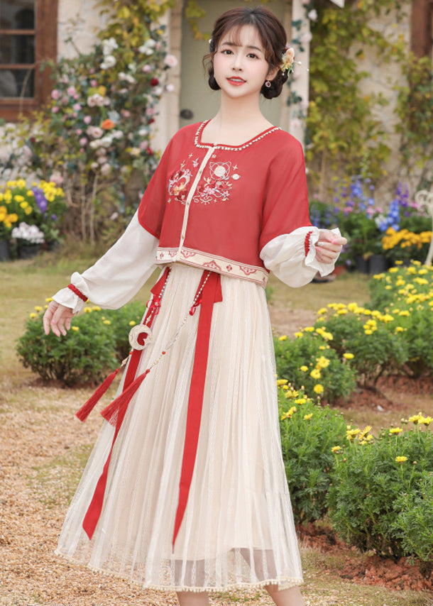 Chinese Style Red Embroideried Tops And Pleated Skirt Chiffon Two Pieces Set Long Sleeve