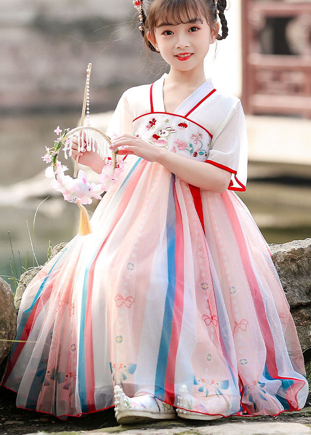 Chinese Style Red Embroideried Wrinkled Patchwork Chiffon Kids Girls Dresses Summer