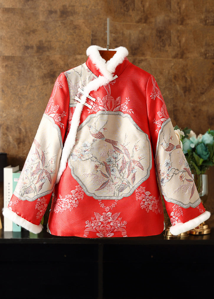 Chinese Style Red Fur Collar Embroidered Patchwork Parka Winter