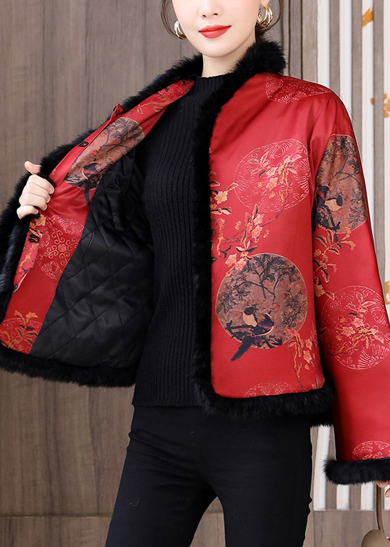 Chinese Style Red Fur Collar Print Patchwork Cotton Filled Coats Winter