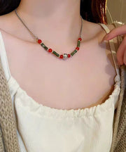 Chinese Style Red Green Stainless Steel Overgild Chalcedony Bamboo Joint Patchwork Gratuated Bead Necklace