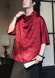 Chinese Style Red Jacquard Loose Silk Mens T Shirt Summer