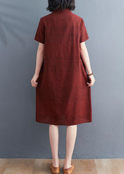 Chinese Style Red Plaid Patchwork Cotton Mid Dress Short Sleeve