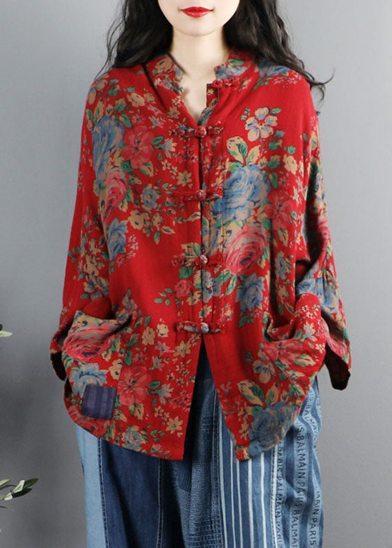 Chinese Style Green Print Pockets Button Patchwork Cotton Coats Long Sleeve