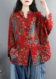 Chinese Style grey Print Pockets Button Patchwork Cotton Coats Long Sleeve