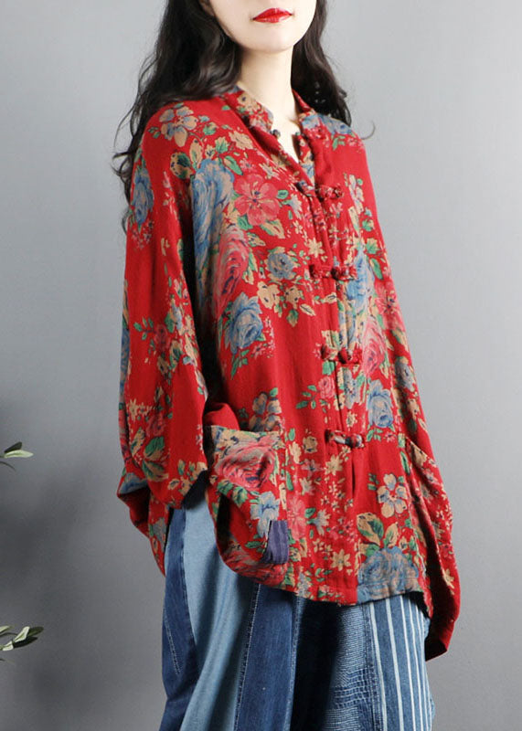 Chinese Style Blue-flower Print Pockets Button Patchwork Cotton Coats Long Sleeve