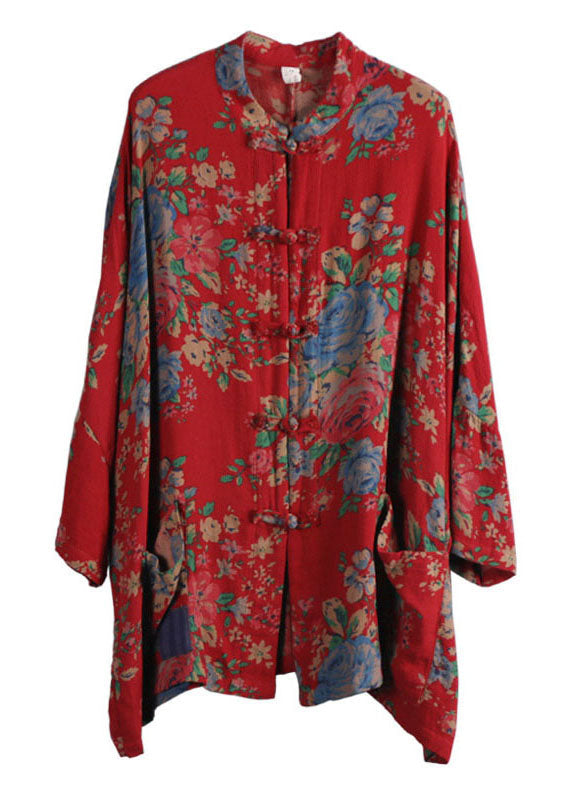 Chinese Style Purple Print Pockets Button Patchwork Cotton Coats Long Sleeve