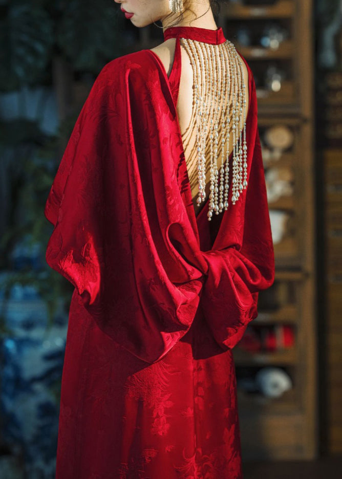 Chinese Style Red Stand Collar Backless Patchwork Silk Dresses Fall