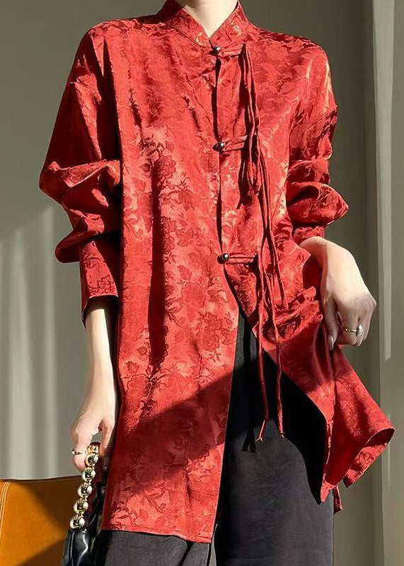 Chinese Style Red Stand Collar Button Silk Shirt Fall