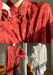 Chinese Style Red Stand Collar Button Silk Shirt Fall