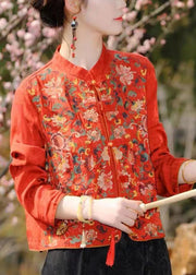 Chinese Style Red Stand Collar Embroideried Patchwork Silk Coat Fall