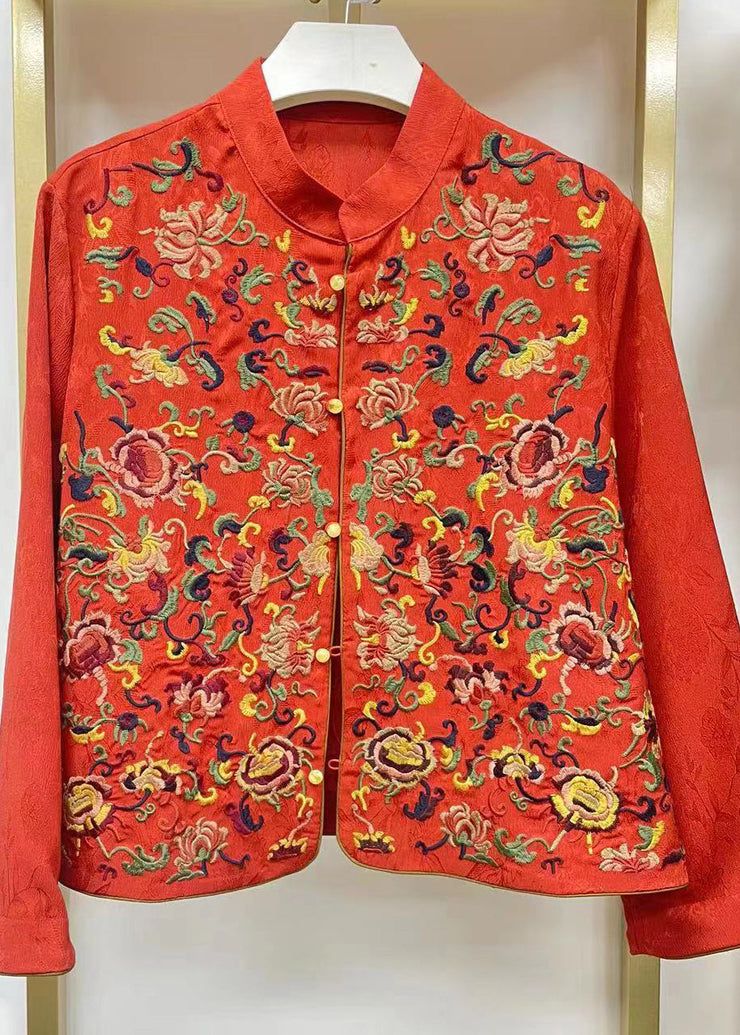 Chinese Style Red Stand Collar Embroideried Patchwork Silk Coat Fall