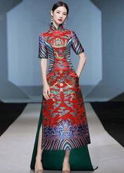 Chinese Style Red Stand Collar Embroidered Patchwork Silk Maxi Dresses Summer