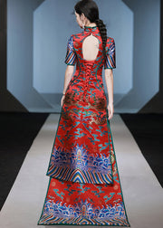 Chinese Style Red Stand Collar Embroidered Patchwork Silk Maxi Dresses Summer