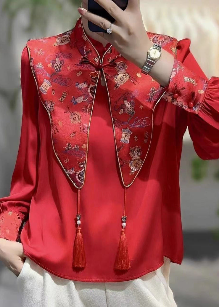 Chinese Style Red Stand Collar False Two Pieces Silk Shirt Top Spring