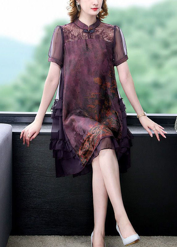 Chinese Style Red Stand Collar Patchwork Ruffles Silk Dress Summer