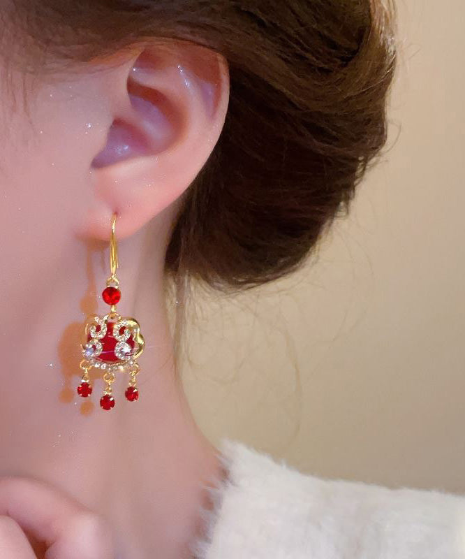 Chinese Style Red Sterling Silver Alloy Zircon Safety Lock Tassel Drop Earrings