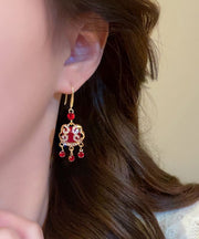 Chinese Style Red Sterling Silver Alloy Zircon Safety Lock Tassel Drop Earrings