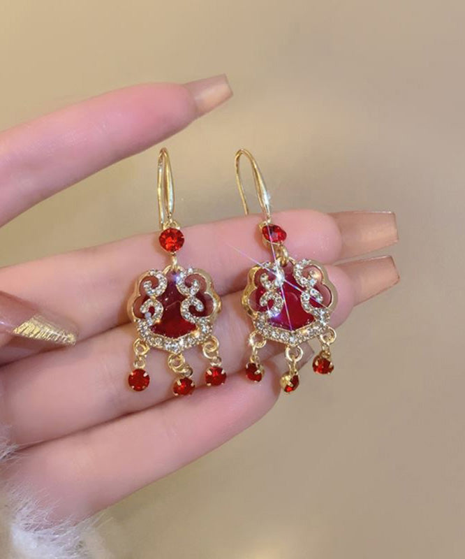 Chinese Style Red Sterling Silver Alloy Zircon Safety Lock Tassel Drop Earrings