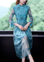 Chinese Style Sky Blue Embroideried Hollow Out Tulle Dress Summer