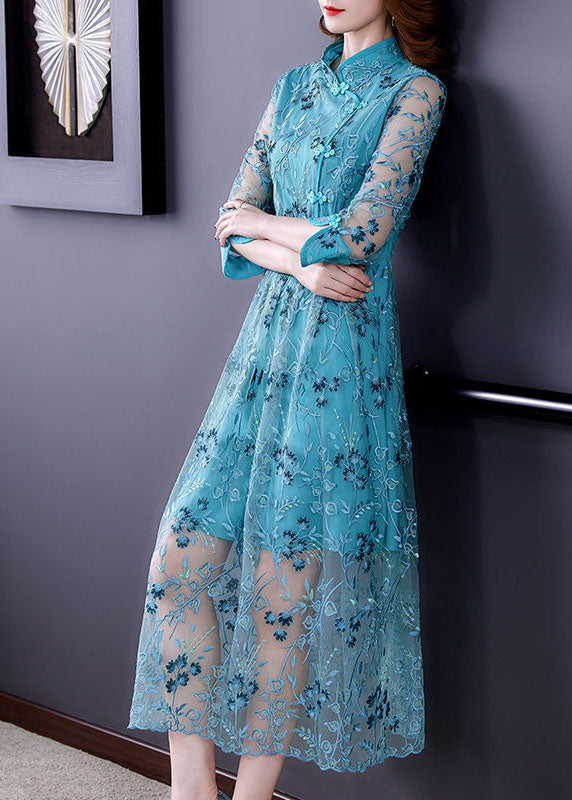 Chinese Style Sky Blue Embroideried Hollow Out Tulle Dress Summer