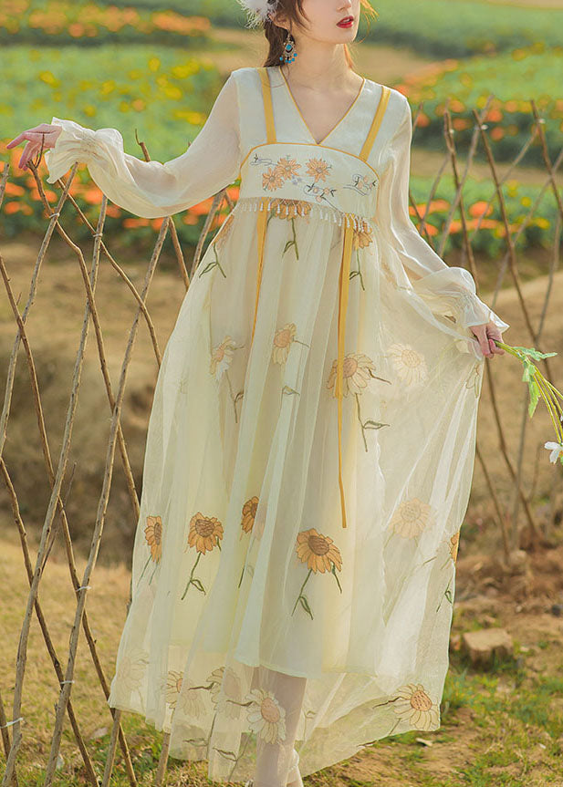 Chinese Style Sunflower Embroideried Tasseled Patchwork Tulle Dresses Flare Sleeve