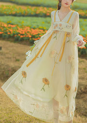 Chinese Style Sunflower Embroideried Tasseled Patchwork Tulle Dresses Flare Sleeve