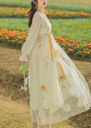 Chinese Style Sunflower Embroideried Tasseled Patchwork Tulle Dresses Flare Sleeve