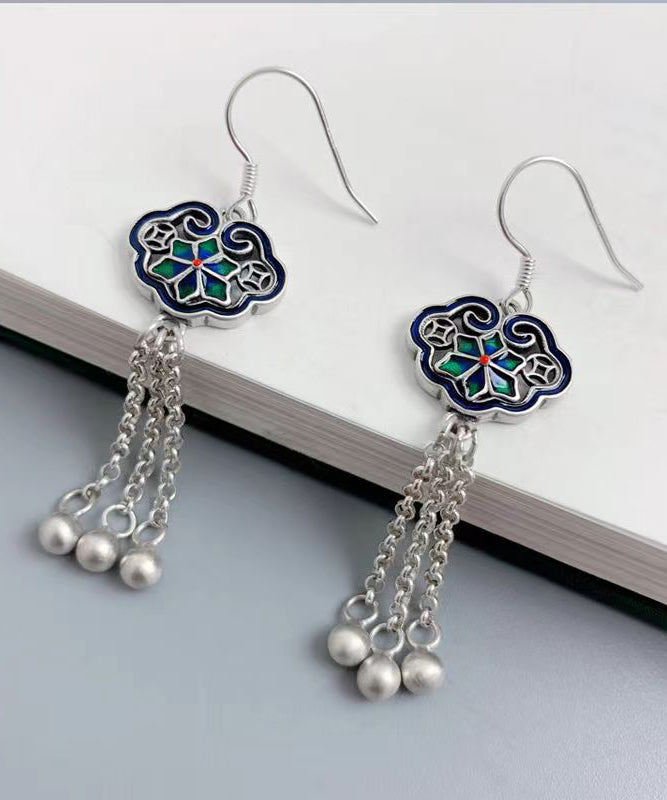 Chinese Style Tassel Geometric Patchwork Silver Drop Earrings