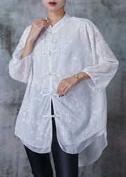 Chinese Style White Embroidered Draping Chiffon Shirt Tops Summer