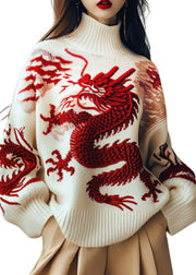 Chinese Style White Embroidered Thick Knit Sweaters Fall