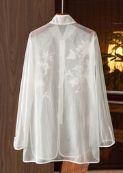 Chinese Style White Embroideried Button Patchwork Tulle Shirt Tops Long Sleeve