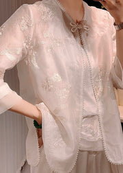 Chinese Style White Embroideried Patchwork Silk Shirt Summer