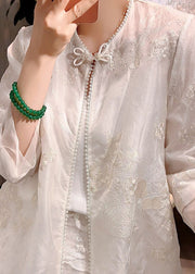 Chinese Style White Embroideried Patchwork Silk Shirt Summer