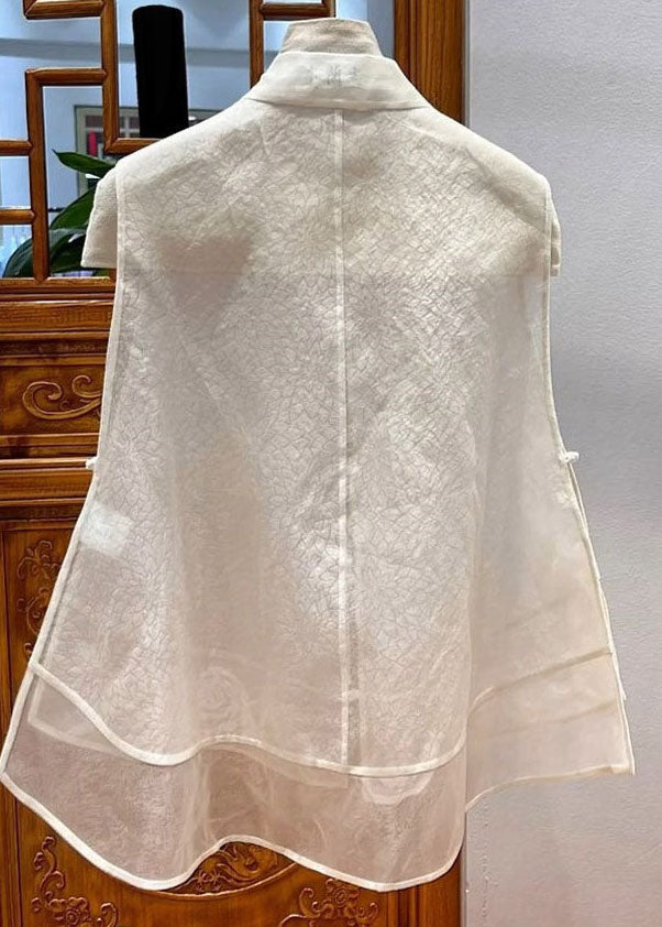 Chinese Style White Embroideried Patchwork Tulle Blouse Tops Sleeveless