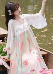 Chinese Style White Embroideried Print Patchwork Chiffon Dress Summer