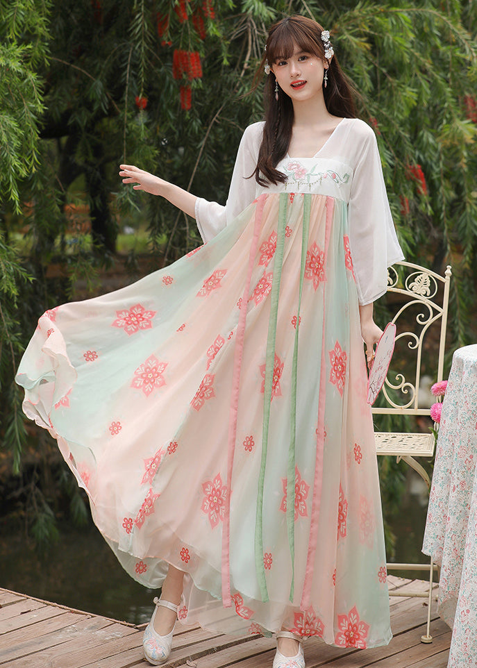 Chinese Style White Embroideried Print Patchwork Chiffon Dress Summer