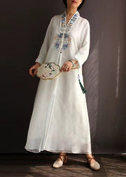 Chinese Style White Embroideried Tasseled Tulle Long Dress Spring