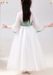 Chinese Style White Embroideried Tie Waist Patchwork Chiffon Kids Girls Dresses Summer