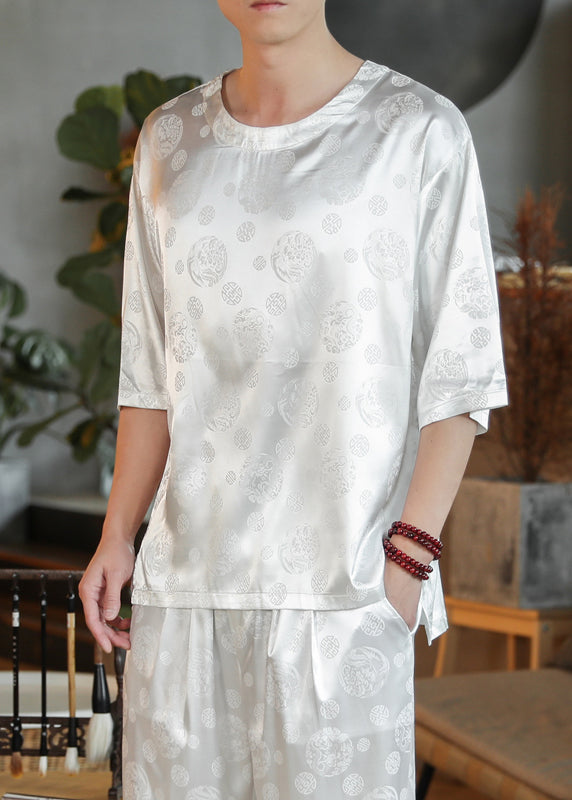 Chinese Style White Jacquard Ice Silk Oversized T Shirt Men Summer