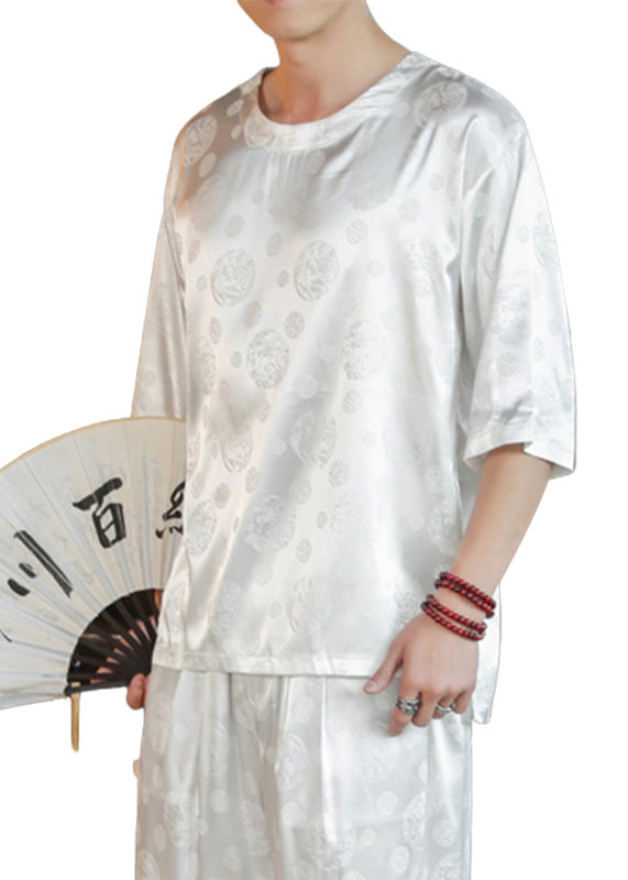 Chinese Style White Jacquard Ice Silk Oversized T Shirt Men Summer